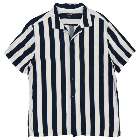 Men's EXPRESS Striped Rayon Short Sleeve Shirt Navy/White | Size Large‎ - Picture 2 of 9